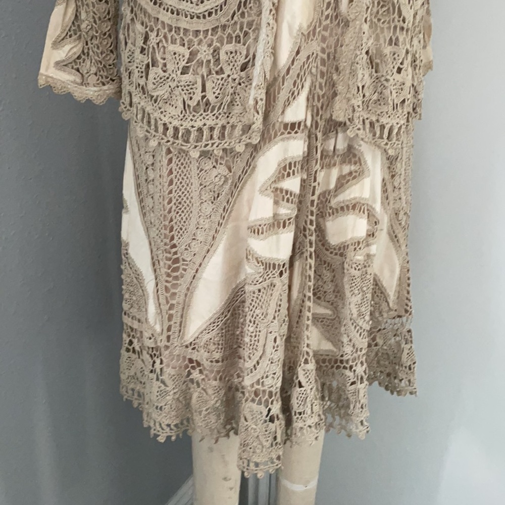Boho Crochet Lace Duster Cardigan Kimono Neutral Beige Festival Layering Piece - Picture 3 of 11